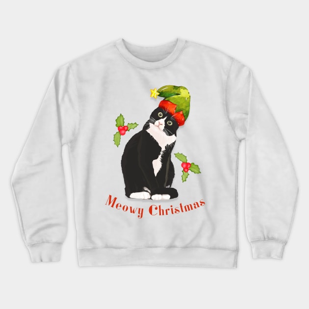 Meowy Christmas Cute Tuxedo Cat in Santa Hat Crewneck Sweatshirt by JanesCreations